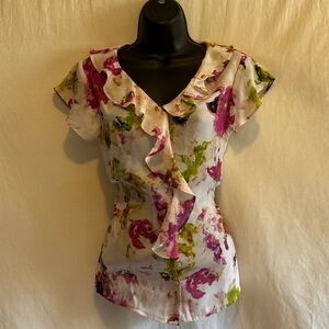 D-58 Liz Claiborne Pink Green & White Floral Short Sleeve Button Down Blouse‎